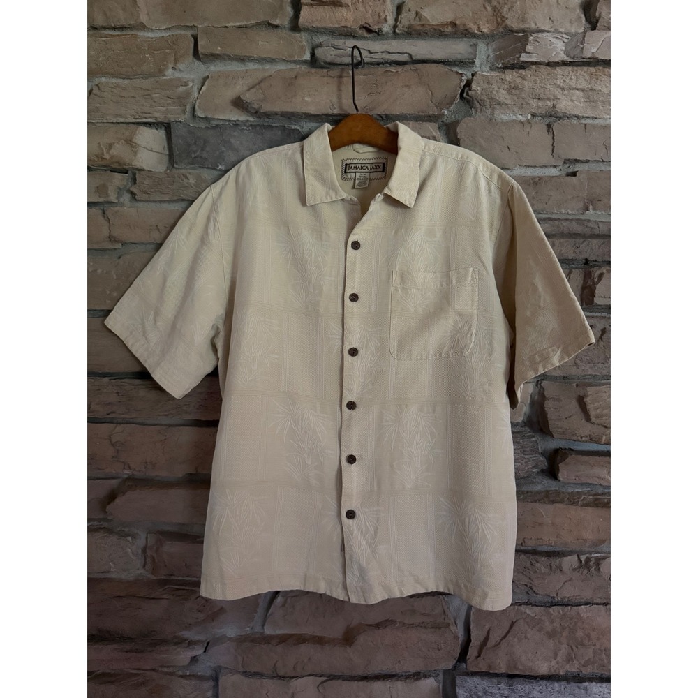 Jamaica Jaxx Mens Medium 100% Silk Jacquard Palm Leaf Button Down Shirt Cream